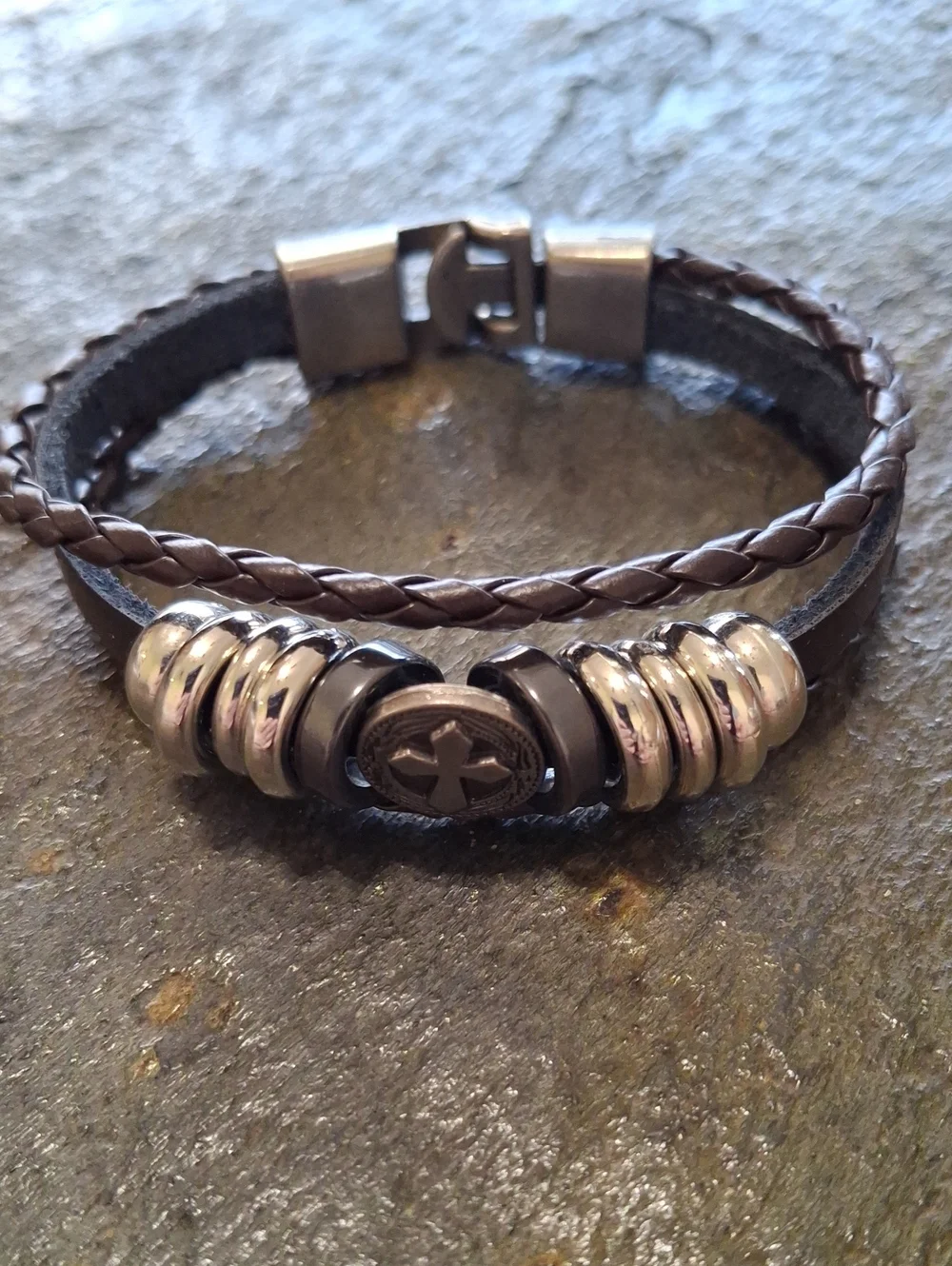 Black Leather Cross Bracelet with Metal Beads